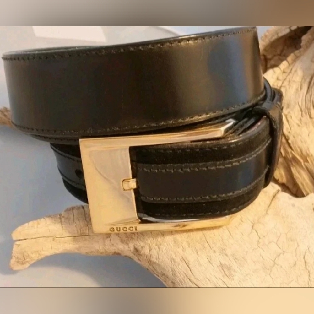 Gucci Men's Black Leather Belt with Solid Gold Brass Buckle, 35", 36", 37" - Picture 2 of 10